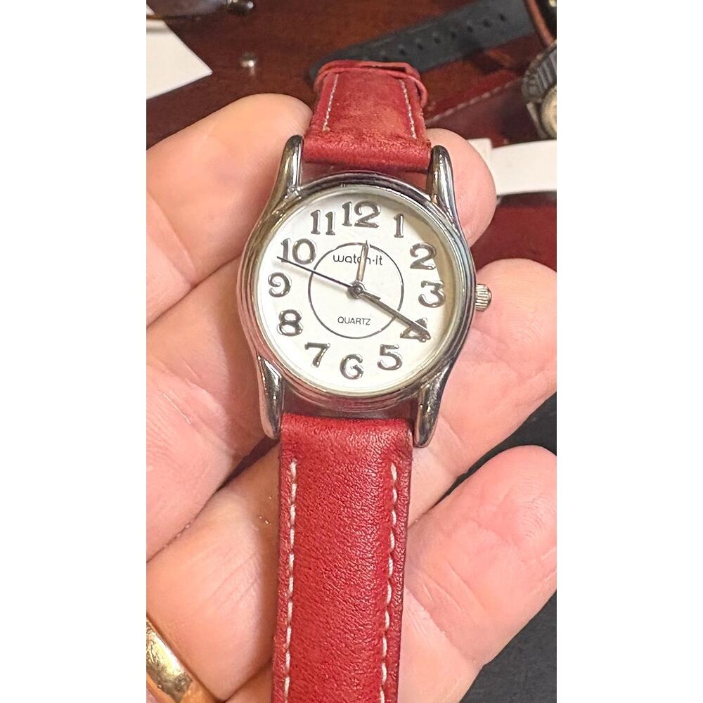 Women's 30mm Silver Tone Watch-it Watch, Red Leather Band
